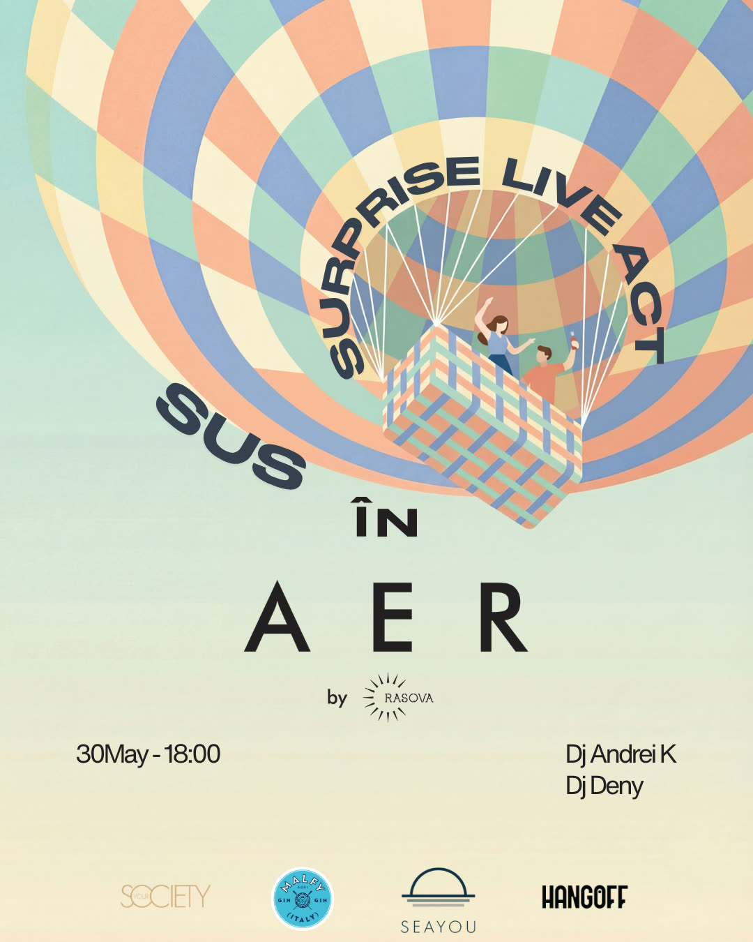 Afiș Sus în AER: balon pastel cu surprise live act