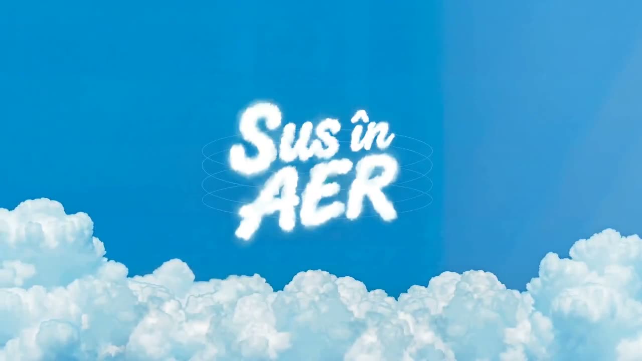 Logo-ul Sus în AER format din nori, pe cer albastru: animație