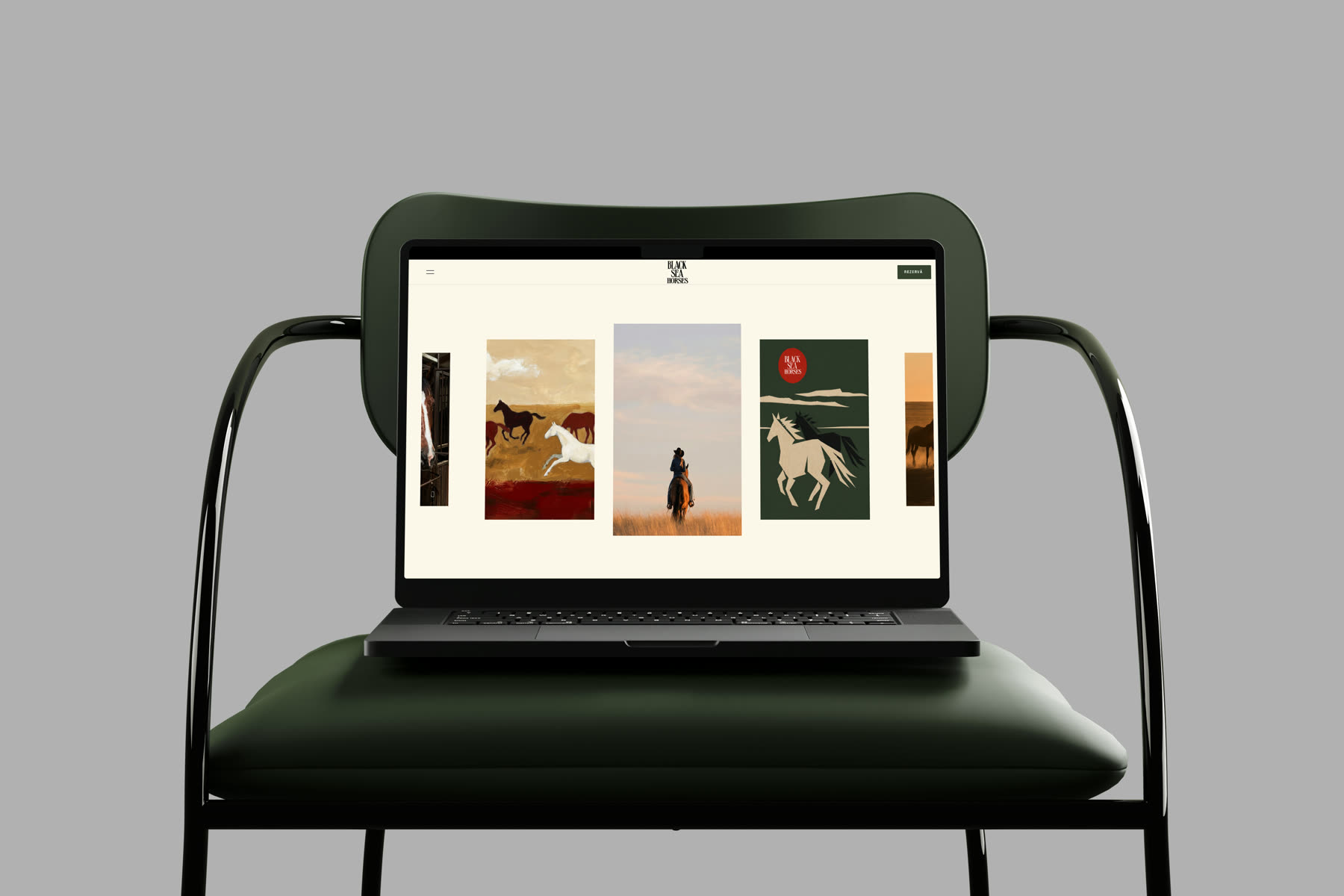 Site-ul Black Sea Horses pe laptop: seria de postere