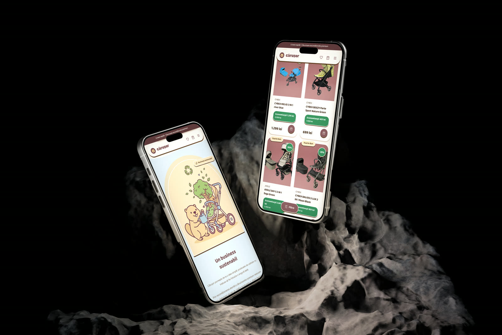Versiunea mobilă a site-ului Cărușor, pe două telefoane