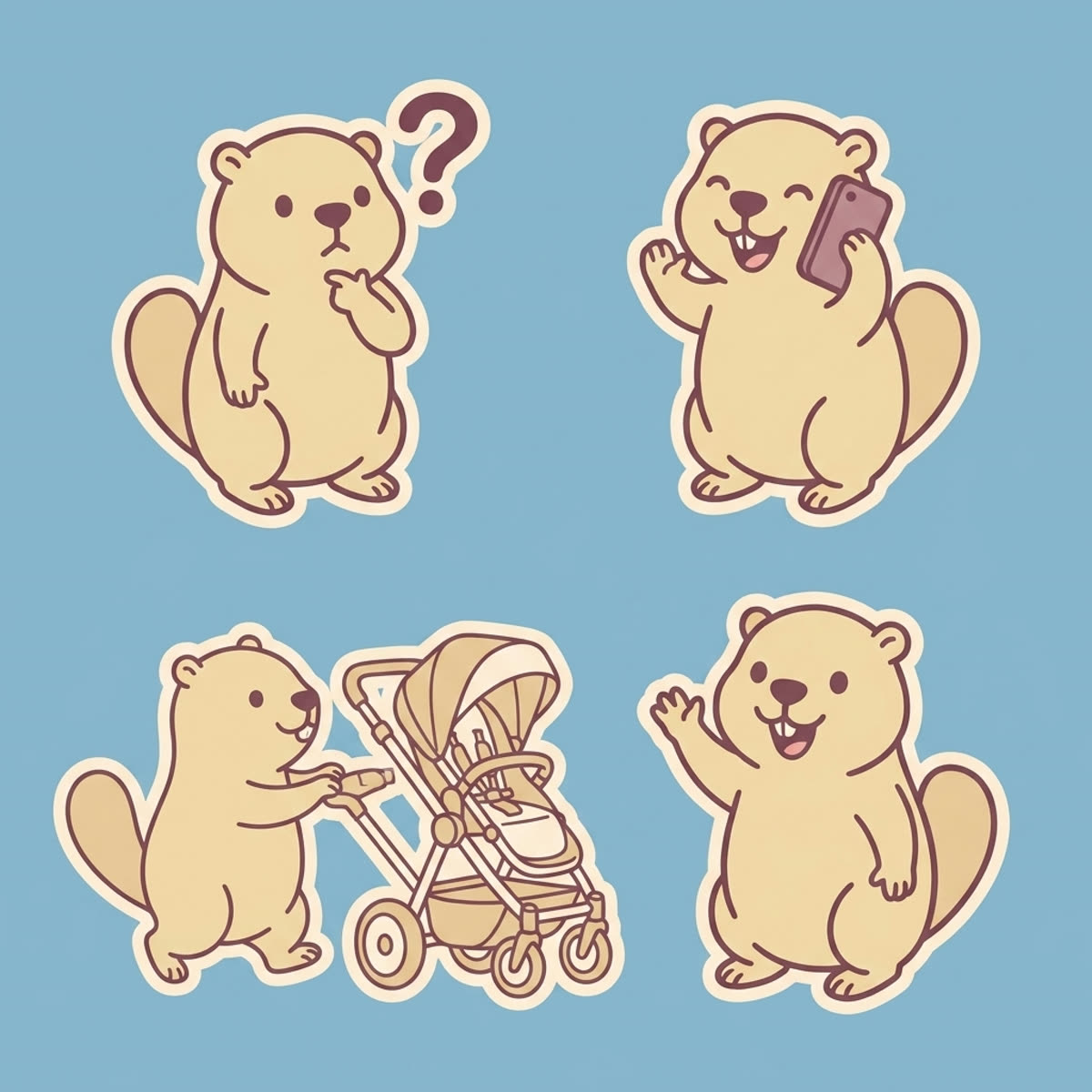 Stickere cu mascota: întreabă, la telefon, la plimbare, salută