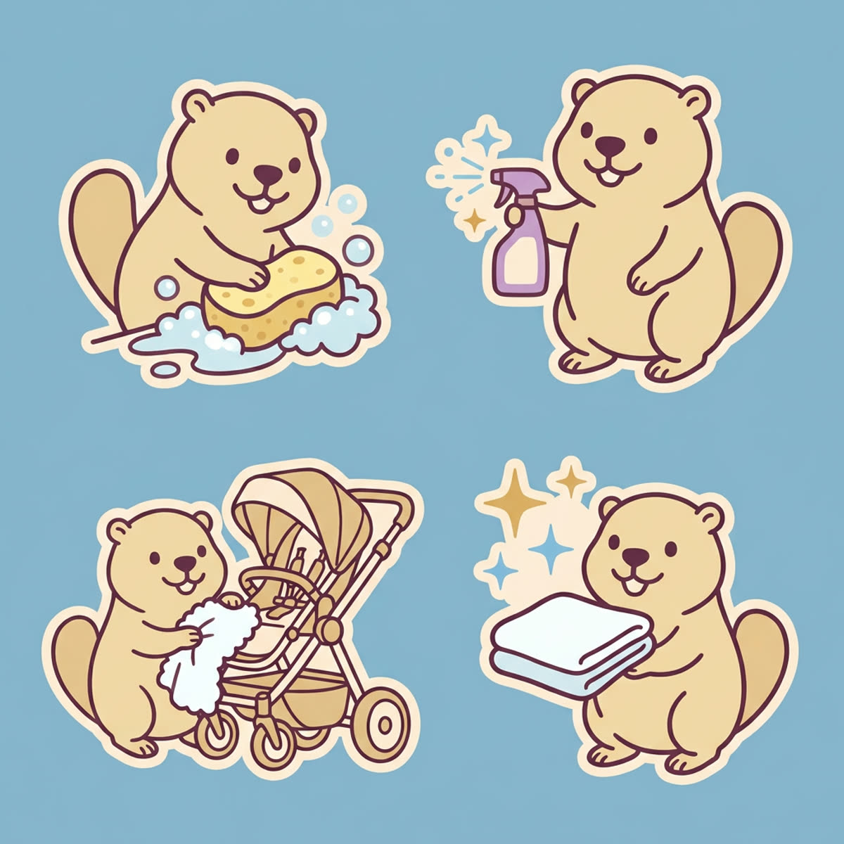 Stickere cu mascota: cu burete, cu spray, spală căruciorul, cu prosoape