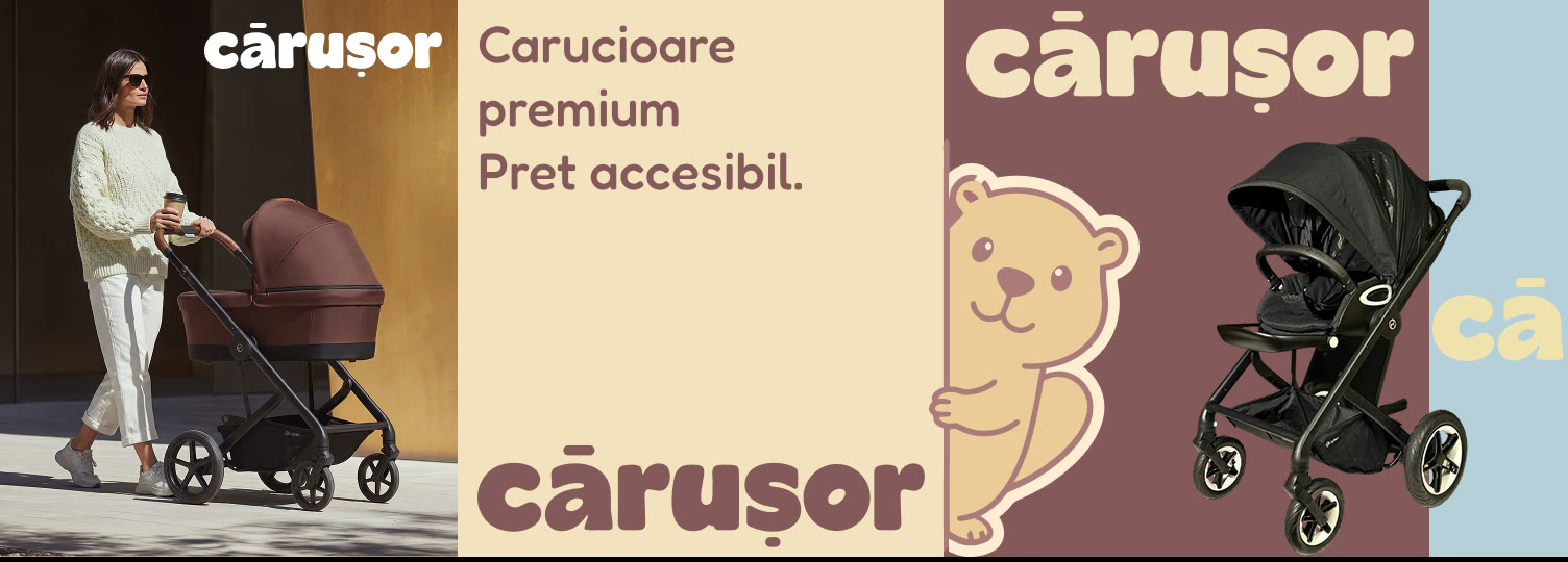 Brandul Cărușor în utilizare: mamă cu cărucior, tagline, mascotă și produs