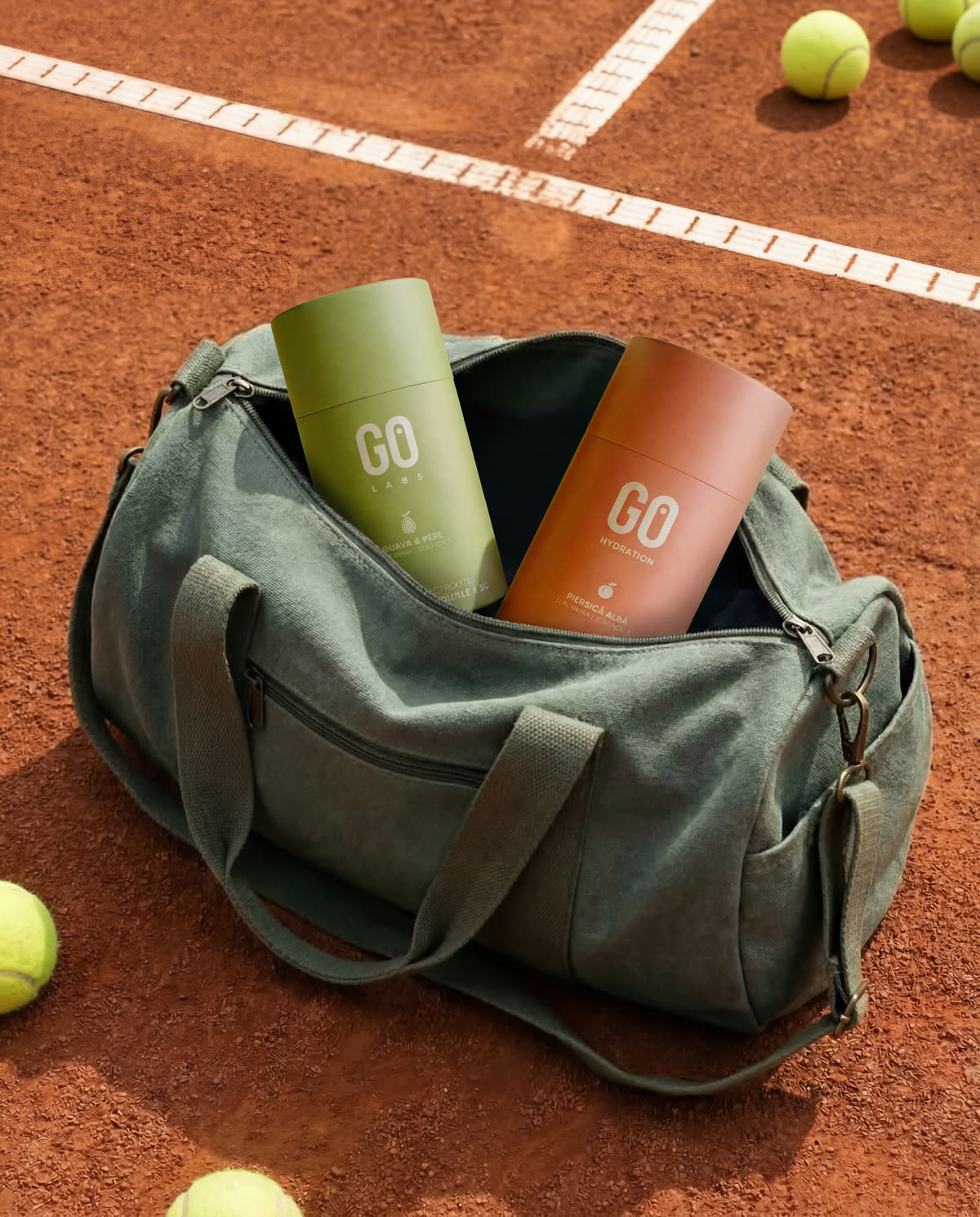 The GO tubes in a sports bag, on clay