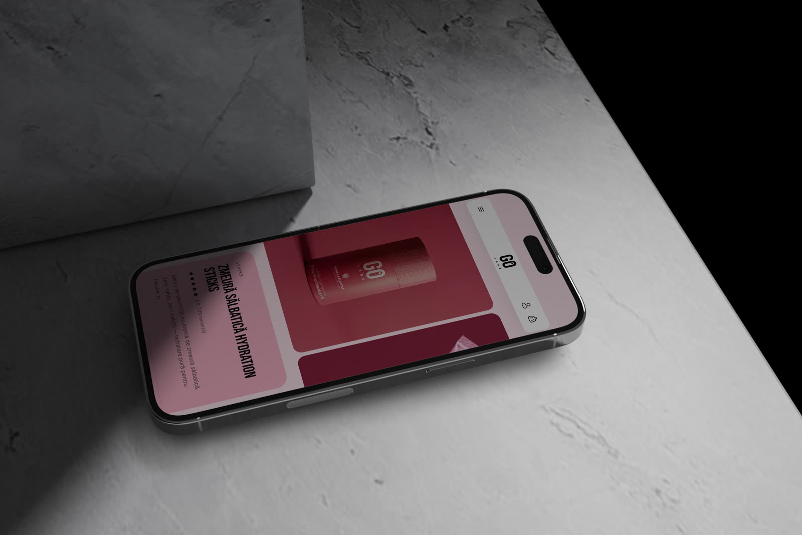 The GO Labs product page on a phone, on marble