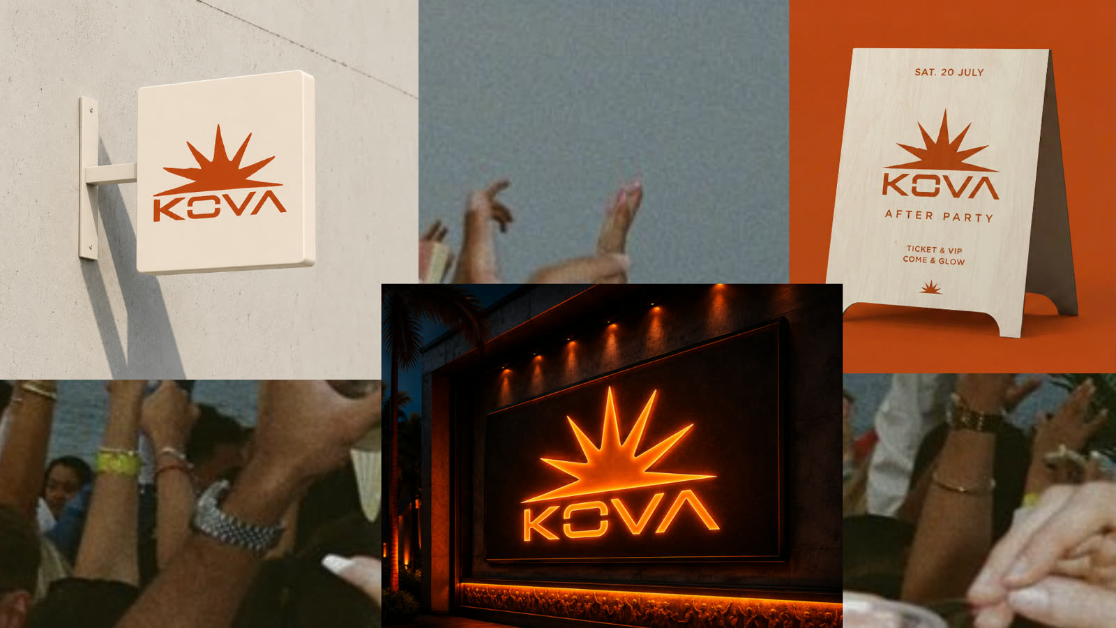 Semnalistica Kova: firmă, neon pe peretele clubului și tent card