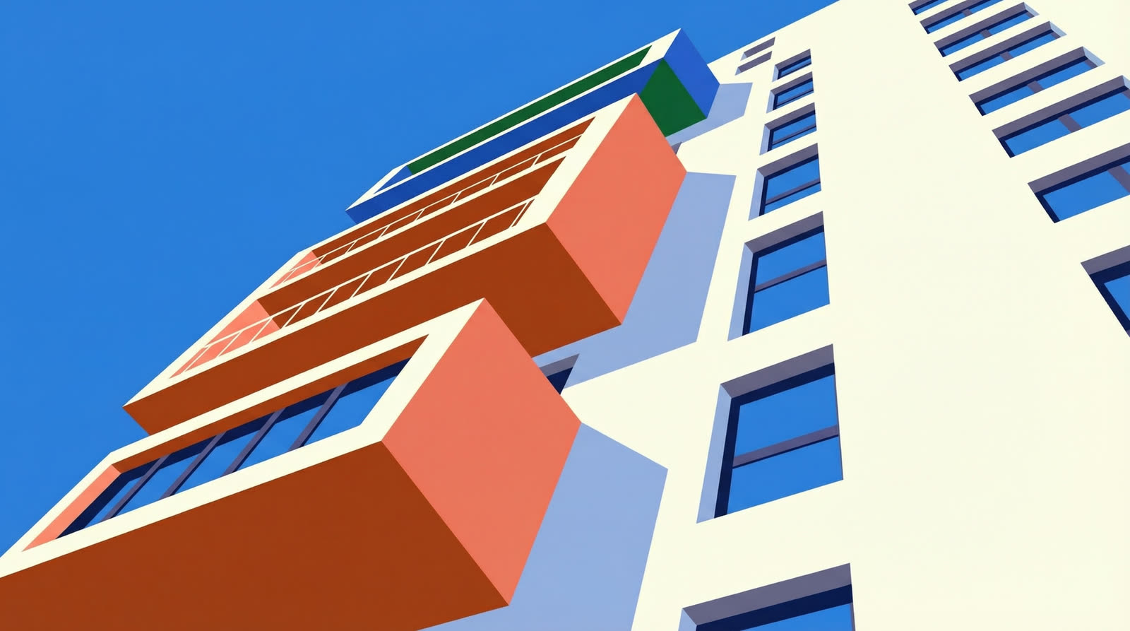Ilustrație de brand: balcoane portocalii, unghi de jos