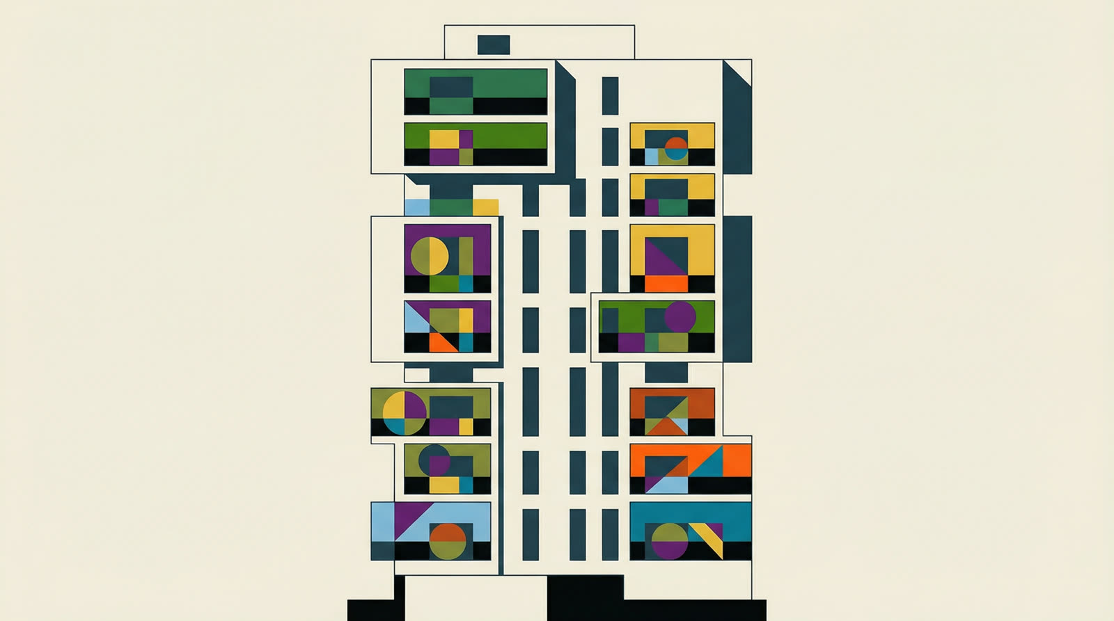 Ilustrație abstractă: fațada ca pattern de forme și culori