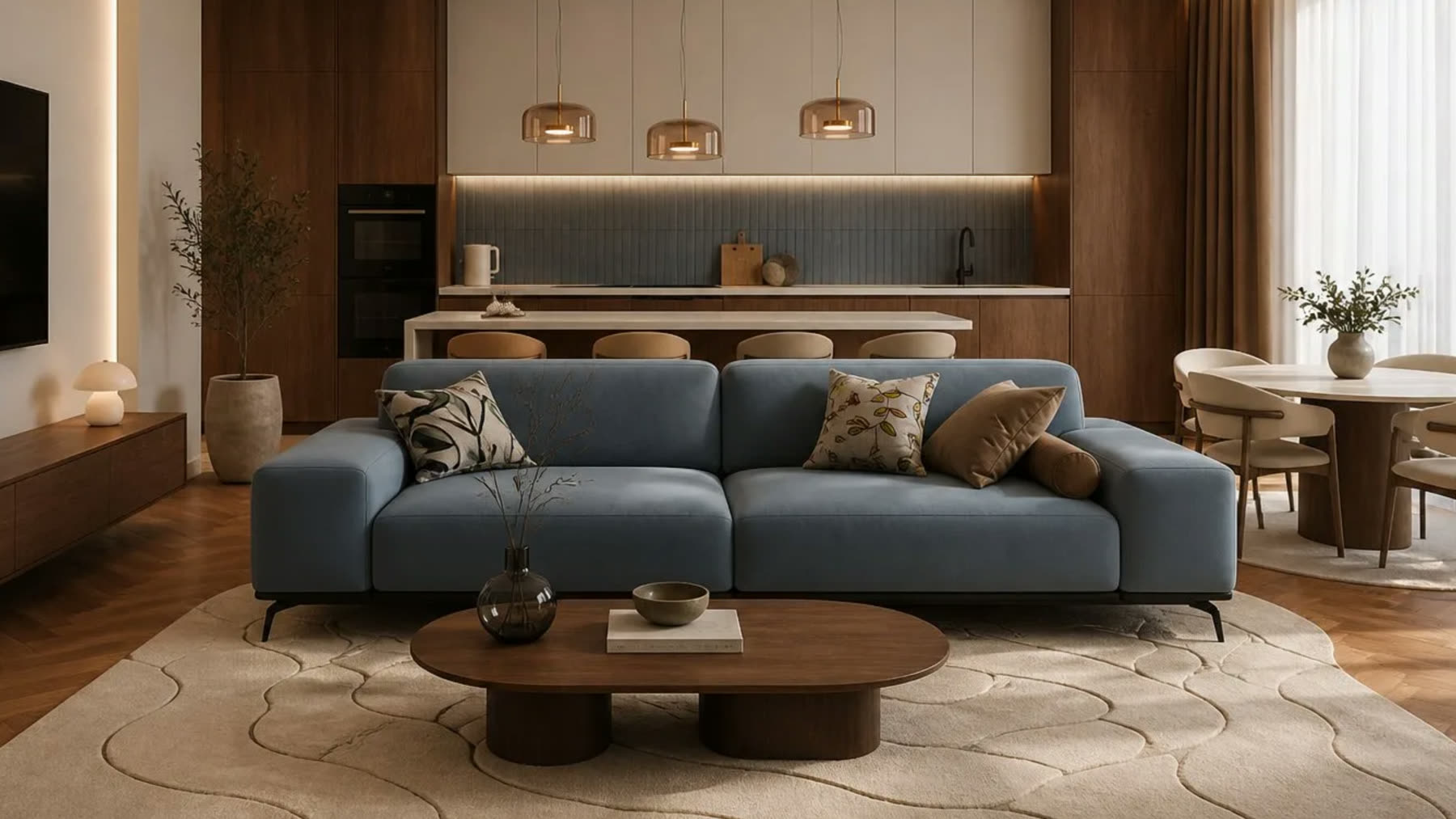 Interior Seayou: living cu canapea albastră