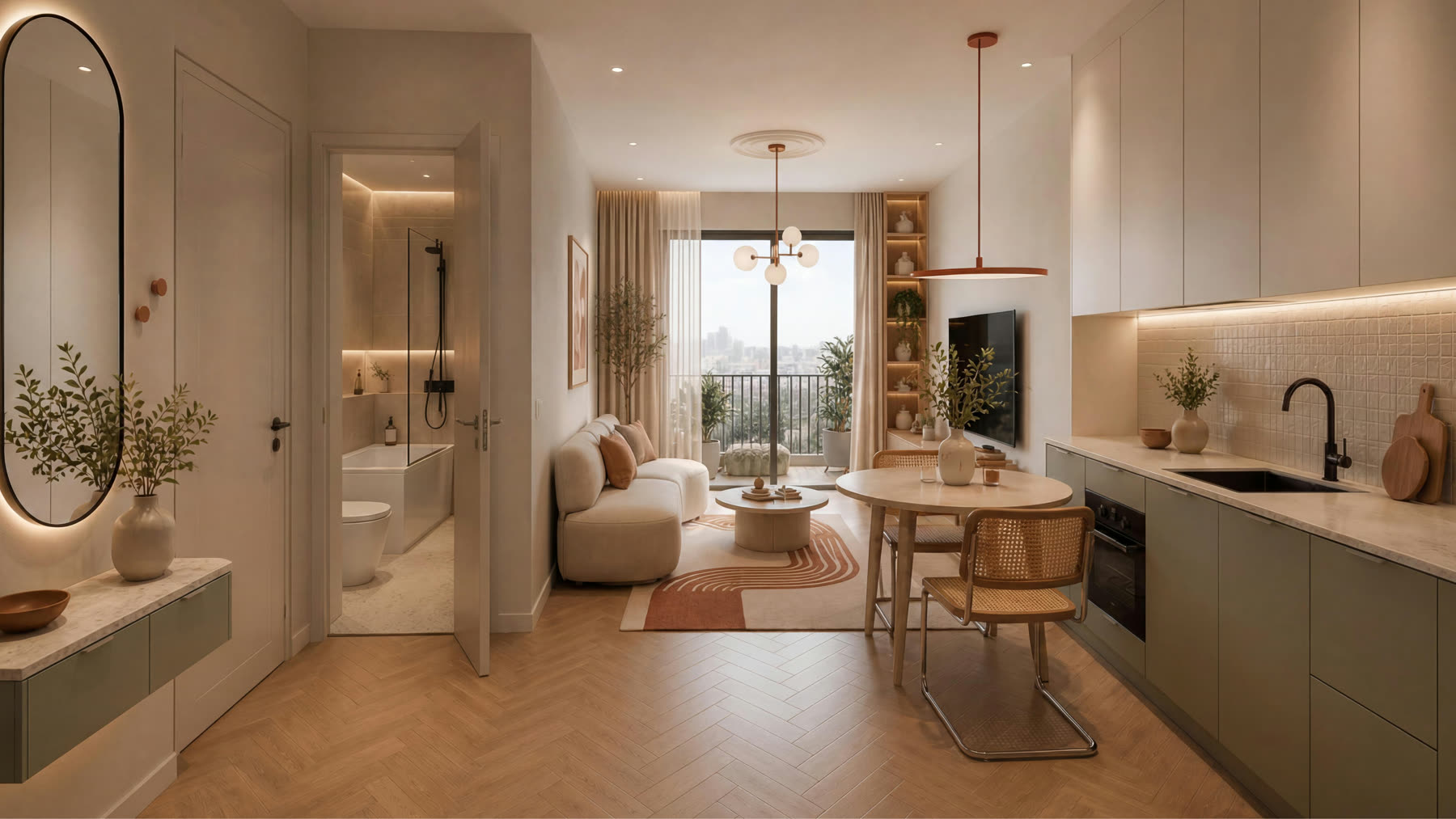Interior Seayou: apartament în crem și măsliniu